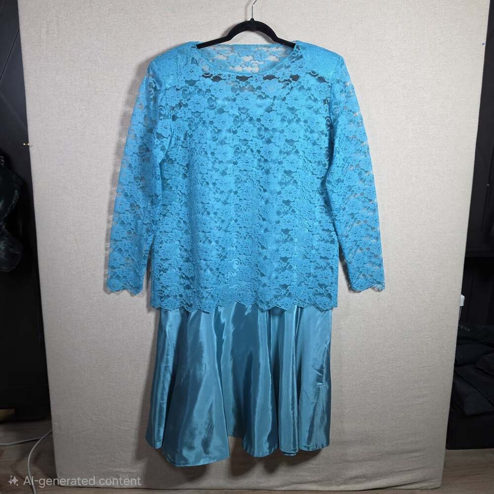 Vintage 80s Custom Designer Two-Piece Dress Set Satin & Lace Drop Waist Teal XL